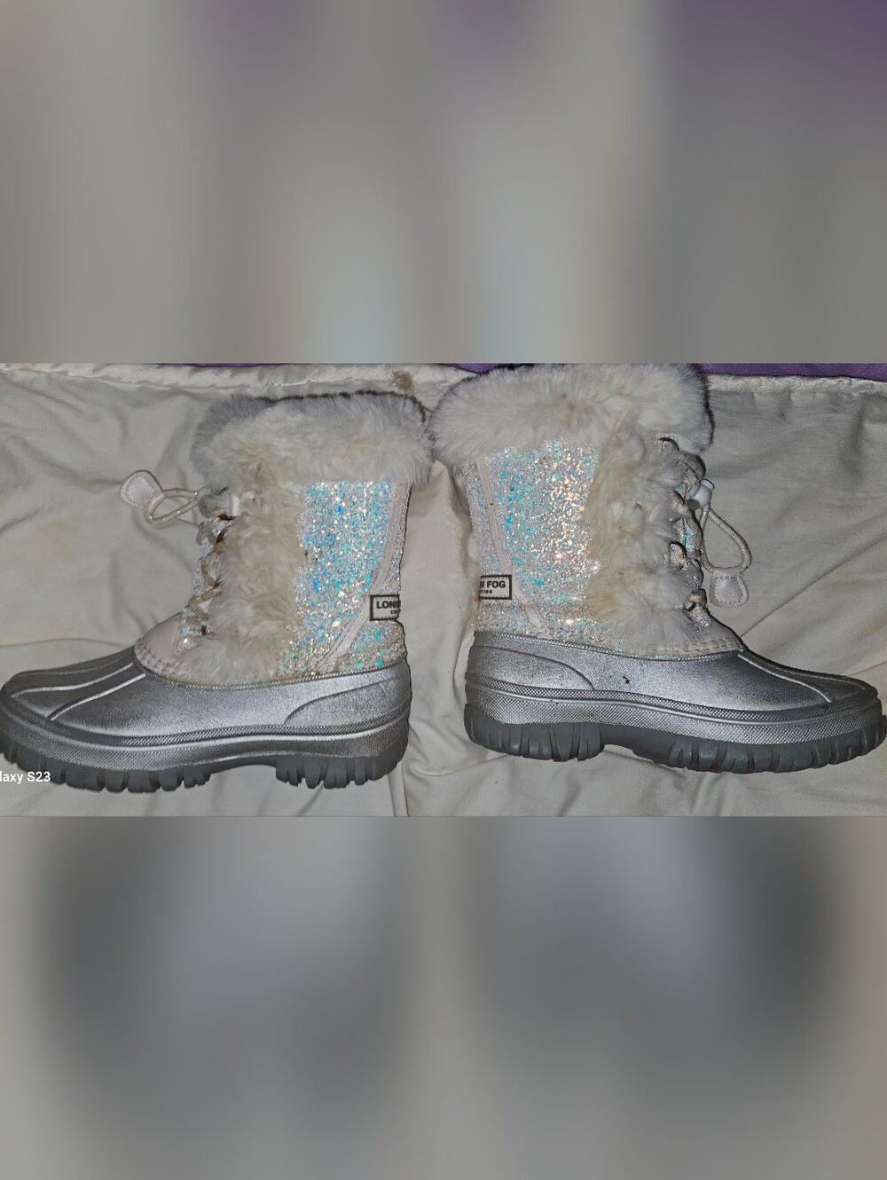 London Fog Iridescent White Faux Fur Winter Boots